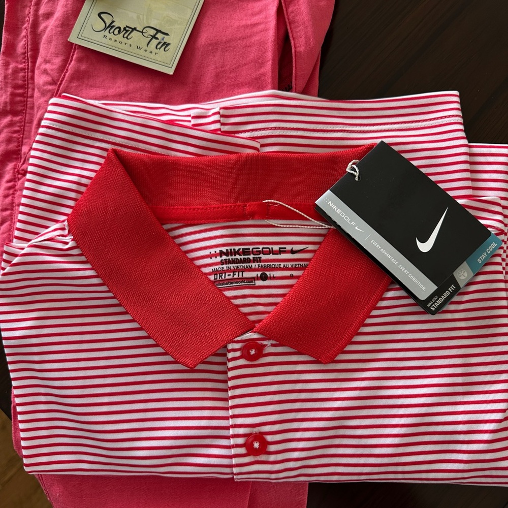 Nike Red and White Striped Polo Shirt
